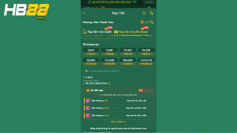 Nạp tiền hb88 bằng hình thức giao dịch chuyển khoản 